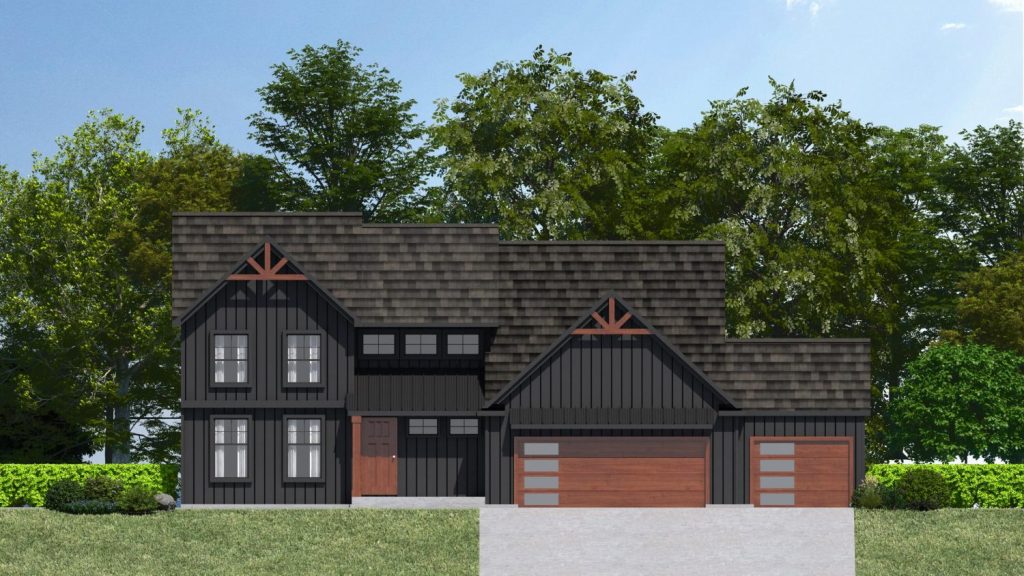 A modern two-story black house rendering with a gabled roof, large windows, and a three-car garage, set against a backdrop of trees.