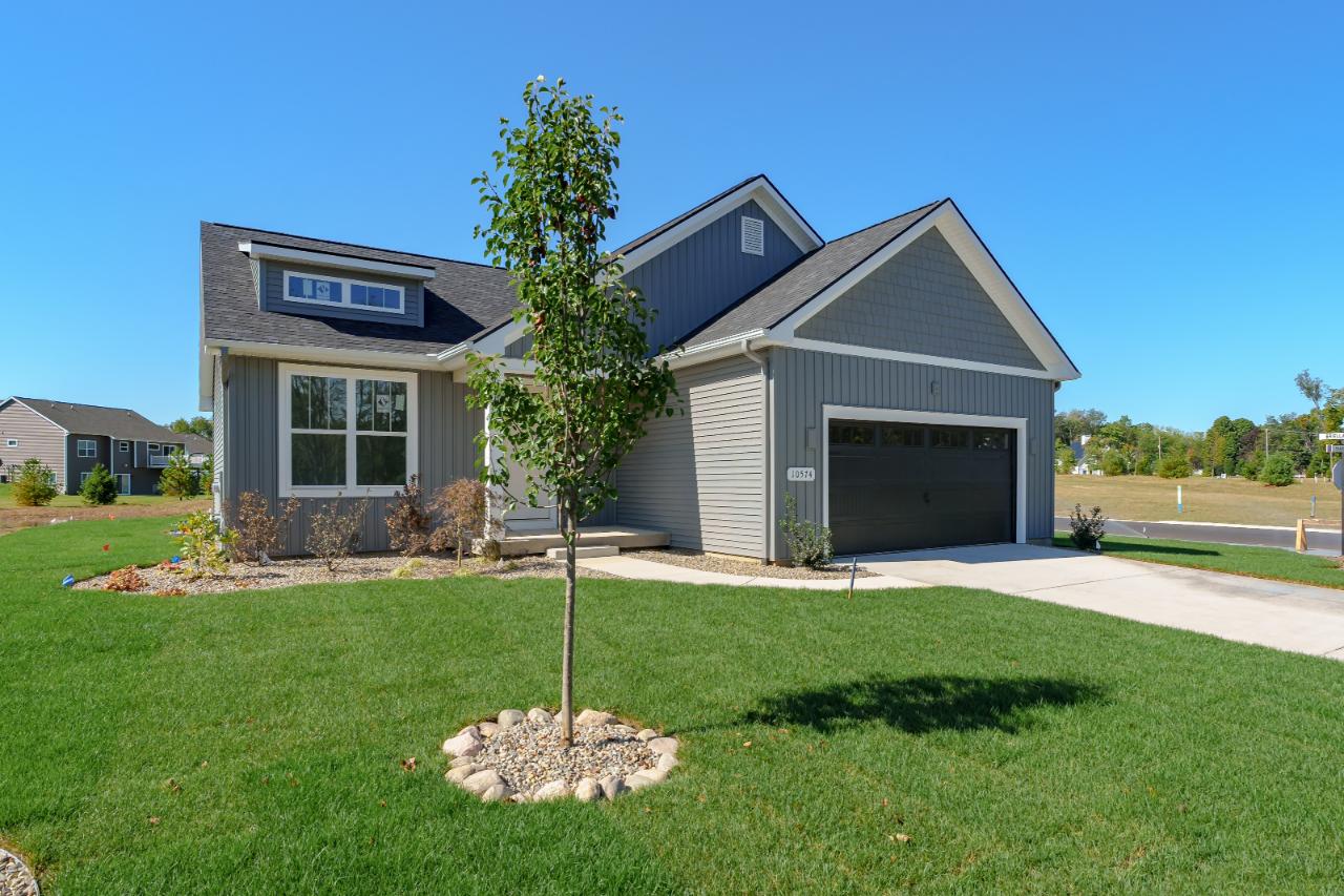 Single-story house with gray siding, a double garage, and a small front yard. A young tree is planted in the lawn. Clear blue sky in the background.