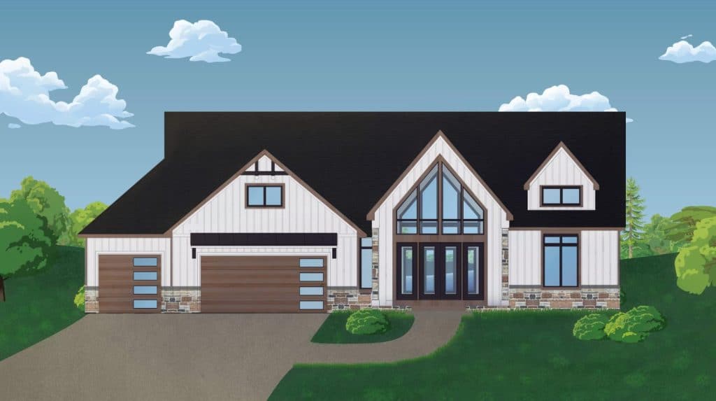 Illustration of a modern suburban house with a steep black roof, large front windows, double garage doors, and a stone and white paneled exterior, surrounded by green landscaping.