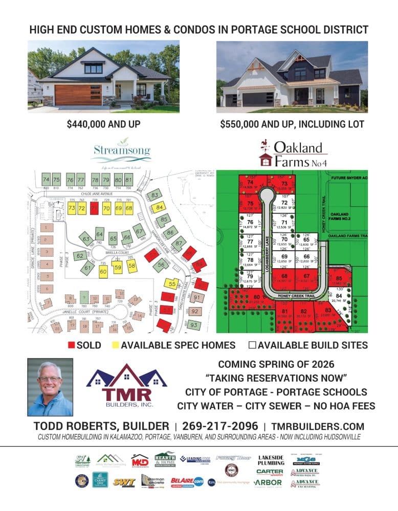 Flyer for high-end new construction homes and condos in Portage School District features home images, site maps with lot statuses, prices, and TMR Builders contact information.