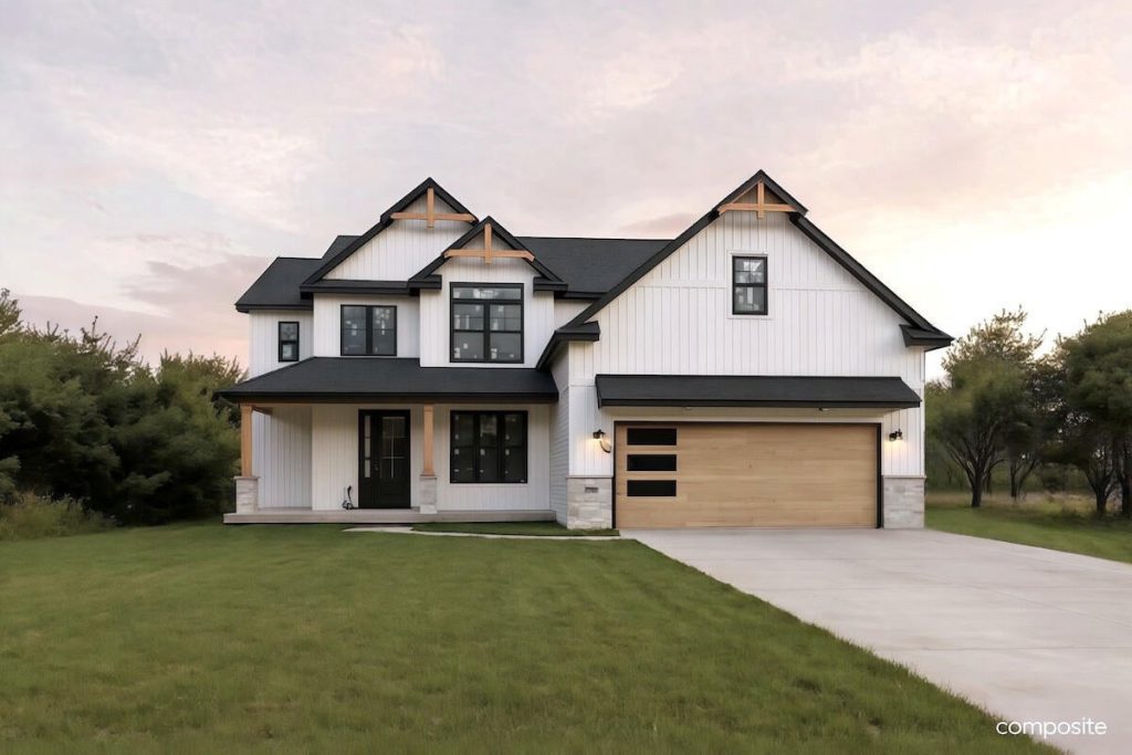 Two-story modern farmhouse with white siding, black trim, wooden accents, and a double garage, situated on a grassy lawn with a concrete driveway.