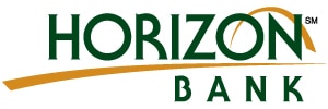 Horizon Bank logo with green text and a gold curved line arching over the word "Horizon.