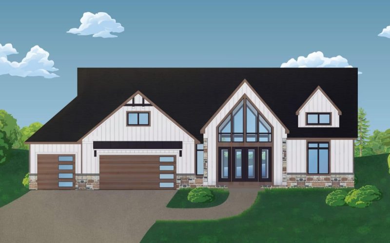 Illustration of a modern suburban house with a steep black roof, large front windows, double garage doors, and a stone and white paneled exterior, surrounded by green landscaping.